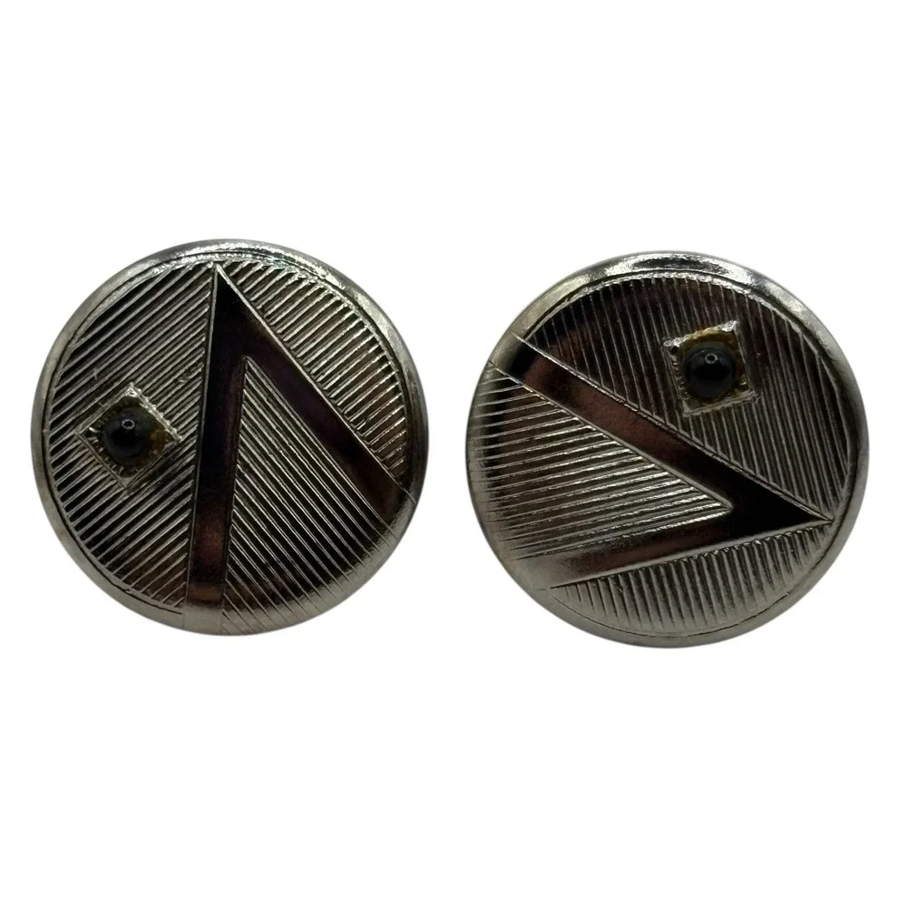 Vintage Abstract Cufflinks Round Textured Silver Tone Tiny Black Bead Accent